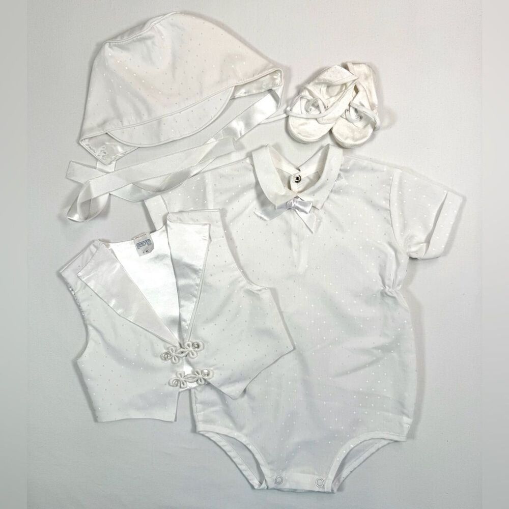 VTG Baby Boys' White Satin Christening 4-Piece Outfit Set Church Size 12M
